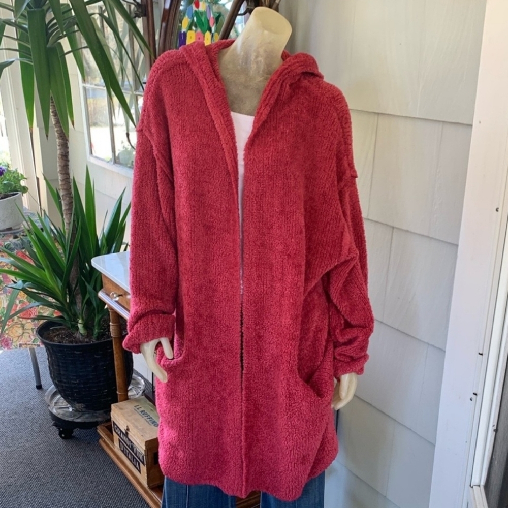 $375 FREE PEOPLE Cozy Hooded Crocheted long sweater Relaxed Lg READ Final$